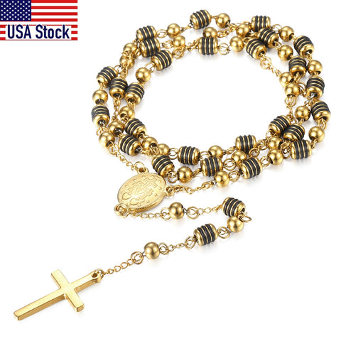 Image of 6mm Rosary Jesus Christ Cross Pendant Necklace Gold Black Tone Stainless Steel Bead Long Chain Women Men Fashion Jewelry KN434