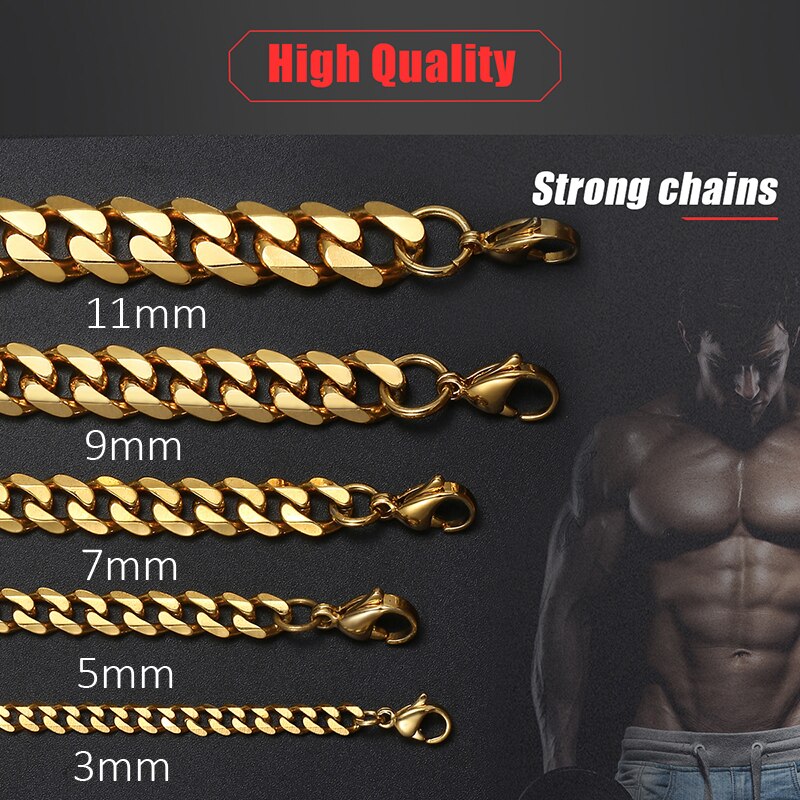Men's Hiphop Necklace Stainless Steel Curb Cuban Link Chain Gold Black Necklace for Men Jewelry Gift KNM08