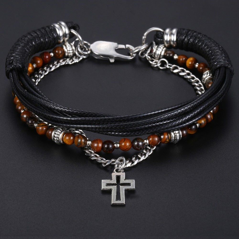 Trendsmax Natural Tiger Eye Stone Beaded Bracelet for men boy women Stainless Steel Cross Charm Leather Bracelet Jewelry KDLB71