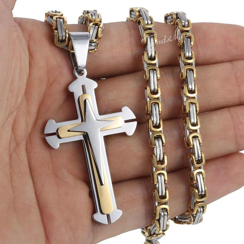 Men's Cross Necklace Gold Black Cross Pendant Stainless Steel Byzantine Chain Necklace 2018 Hip Hop Male Jewelry KP180