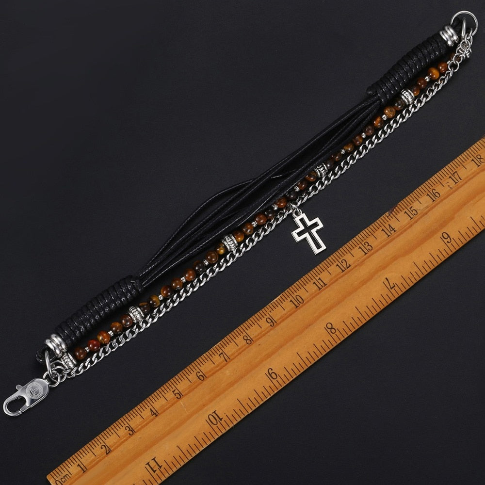 Trendsmax Natural Tiger Eye Stone Beaded Bracelet for men boy women Stainless Steel Cross Charm Leather Bracelet Jewelry KDLB71