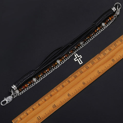 Image of Trendsmax Natural Tiger Eye Stone Beaded Bracelet for men boy women Stainless Steel Cross Charm Leather Bracelet Jewelry KDLB71