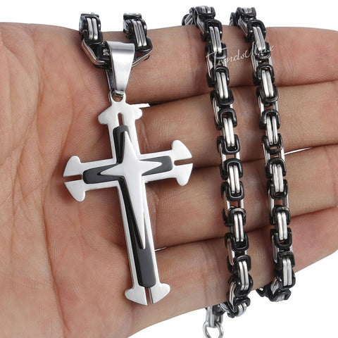 Image of Men's Cross Necklace Gold Black Cross Pendant Stainless Steel Byzantine Chain Necklace 2018 Hip Hop Male Jewelry KP180