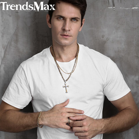 Image of Men's Cross Necklace Gold Black Cross Pendant Stainless Steel Byzantine Chain Necklace 2018 Hip Hop Male Jewelry KP180