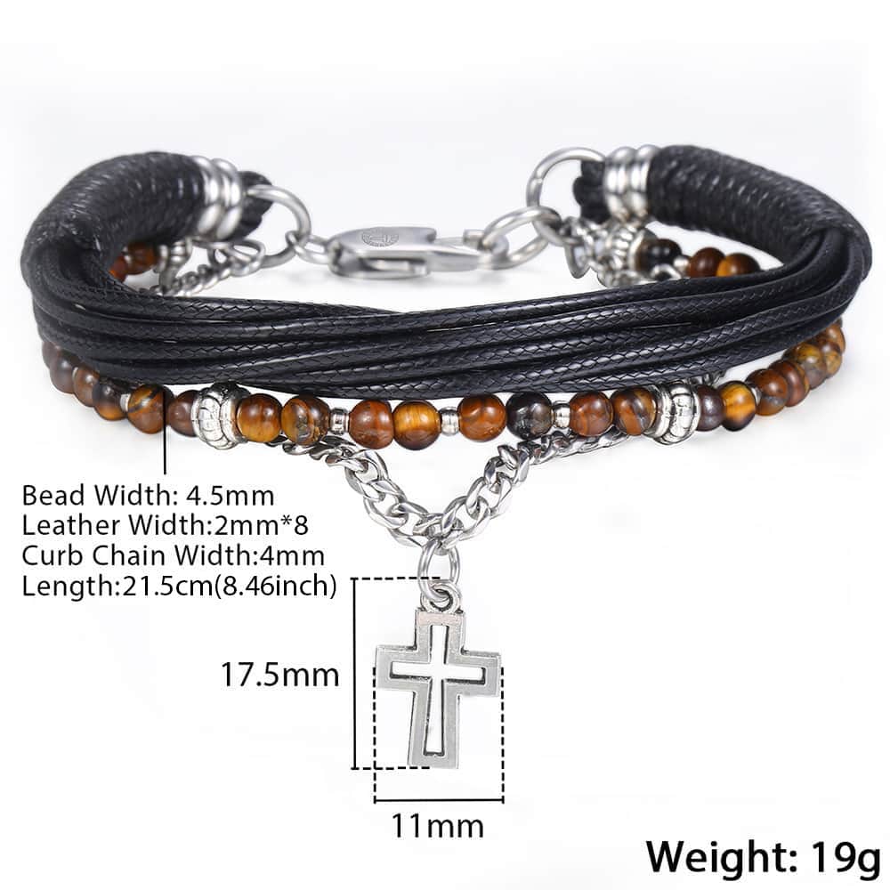 Trendsmax Natural Tiger Eye Stone Beaded Bracelet for men boy women Stainless Steel Cross Charm Leather Bracelet Jewelry KDLB71