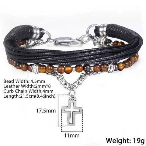 Image of Trendsmax Natural Tiger Eye Stone Beaded Bracelet for men boy women Stainless Steel Cross Charm Leather Bracelet Jewelry KDLB71
