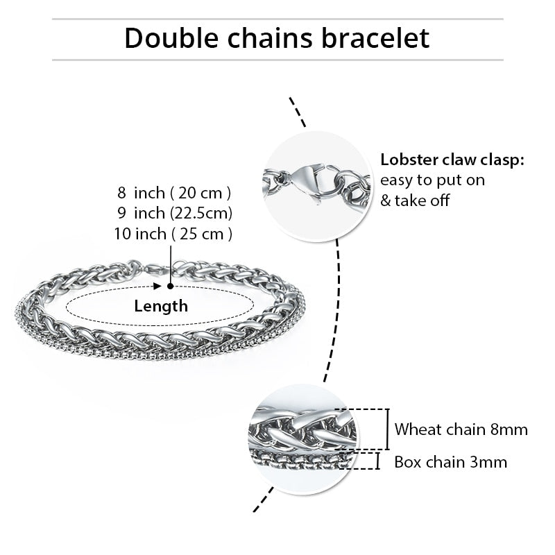 Unique Men's Bracelet Double Chain Bracelet Stainless Steel Wheat Box Chain Link Bracelets Male Jewelry Dropshipping DB75