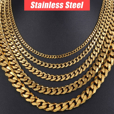 Image of Men's Hiphop Necklace Stainless Steel Curb Cuban Link Chain Gold Black Necklace for Men Jewelry Gift KNM08