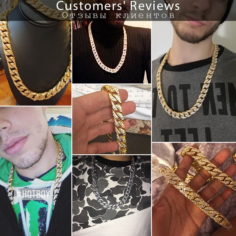 Hiphop 14mm Iced Out Paved Rhinestones Necklack Yellow Gold Filled Miami Curb Cuban Chain CZ Rapper For Men Jewelry GN432