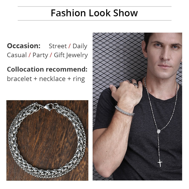 Unique Men's Bracelet Double Chain Bracelet Stainless Steel Wheat Box Chain Link Bracelets Male Jewelry Dropshipping DB75