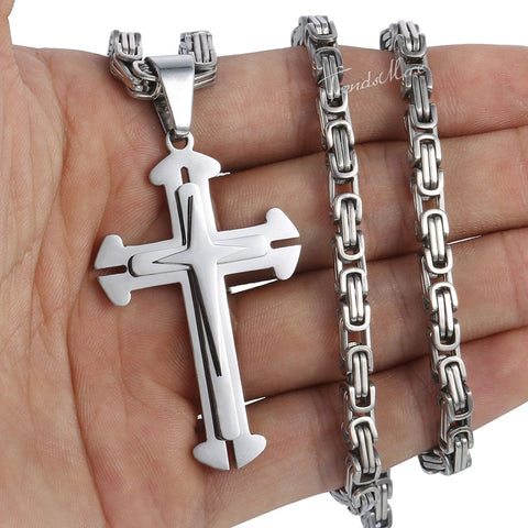 Image of Men's Cross Necklace Gold Black Cross Pendant Stainless Steel Byzantine Chain Necklace 2018 Hip Hop Male Jewelry KP180