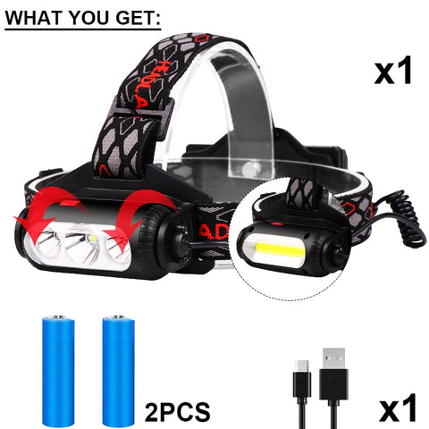 Image of EZK20 T6 XPE LED Headlamp 2 Sides Rotating 3 Light Source 8 Modes Multi-Function USB COB Headlight