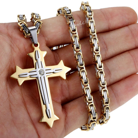 Image of Men's Cross Necklace Gold Black Cross Pendant Stainless Steel Byzantine Chain Necklace 2018 Hip Hop Male Jewelry KP180