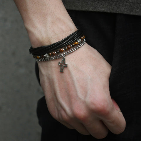 Image of Trendsmax Natural Tiger Eye Stone Beaded Bracelet for men boy women Stainless Steel Cross Charm Leather Bracelet Jewelry KDLB71