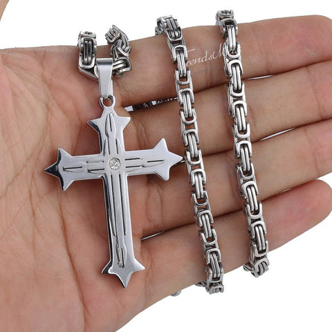 Image of Men's Cross Necklace Gold Black Cross Pendant Stainless Steel Byzantine Chain Necklace 2018 Hip Hop Male Jewelry KP180