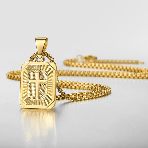 Image of New Square Christian Cross Pendant Necklace Gold Color Jesus Christ Crucifix Charm Stainless Steel Box Chain for Men Women GP422
