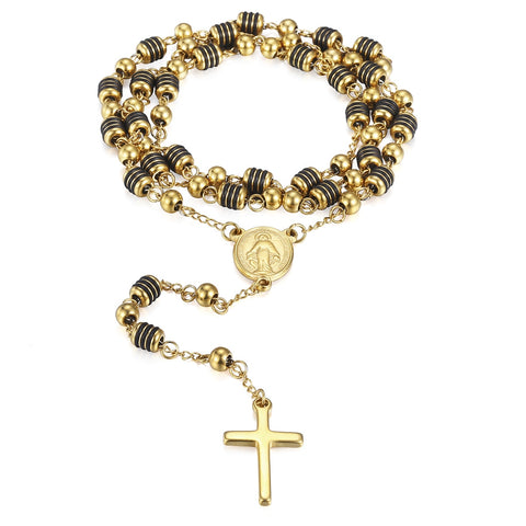 Image of 6mm Rosary Jesus Christ Cross Pendant Necklace Gold Black Tone Stainless Steel Bead Long Chain Women Men Fashion Jewelry KN434