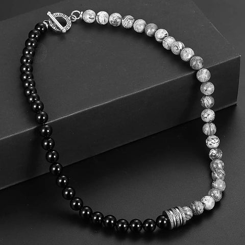 Image of Natural Red Tiger Eyes Map Stone Necklace For Men Unisex Stainless Steel Matte Black Bead Necklace Male Jewelry Gift TNB001A