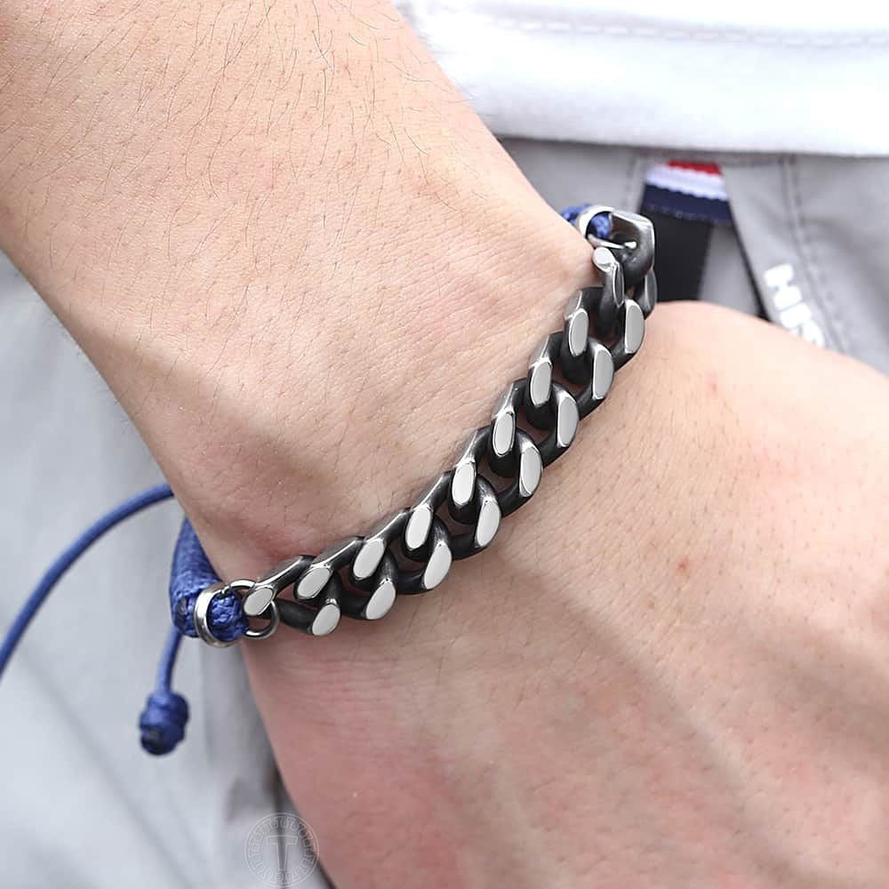 Cuban Link Chain Braided Leather Bracelet For Mens Boys Handmade Stainless Steel Curb Blue Surfer Adjustable TBL00102
