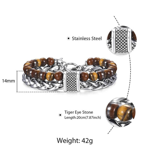 Image of Trendsmax Natural Map Stone Men's Beaded Bracelet for women Stainless Steel Bracelets Male Jewelry Tiger eye 8 9 10 inch DB33