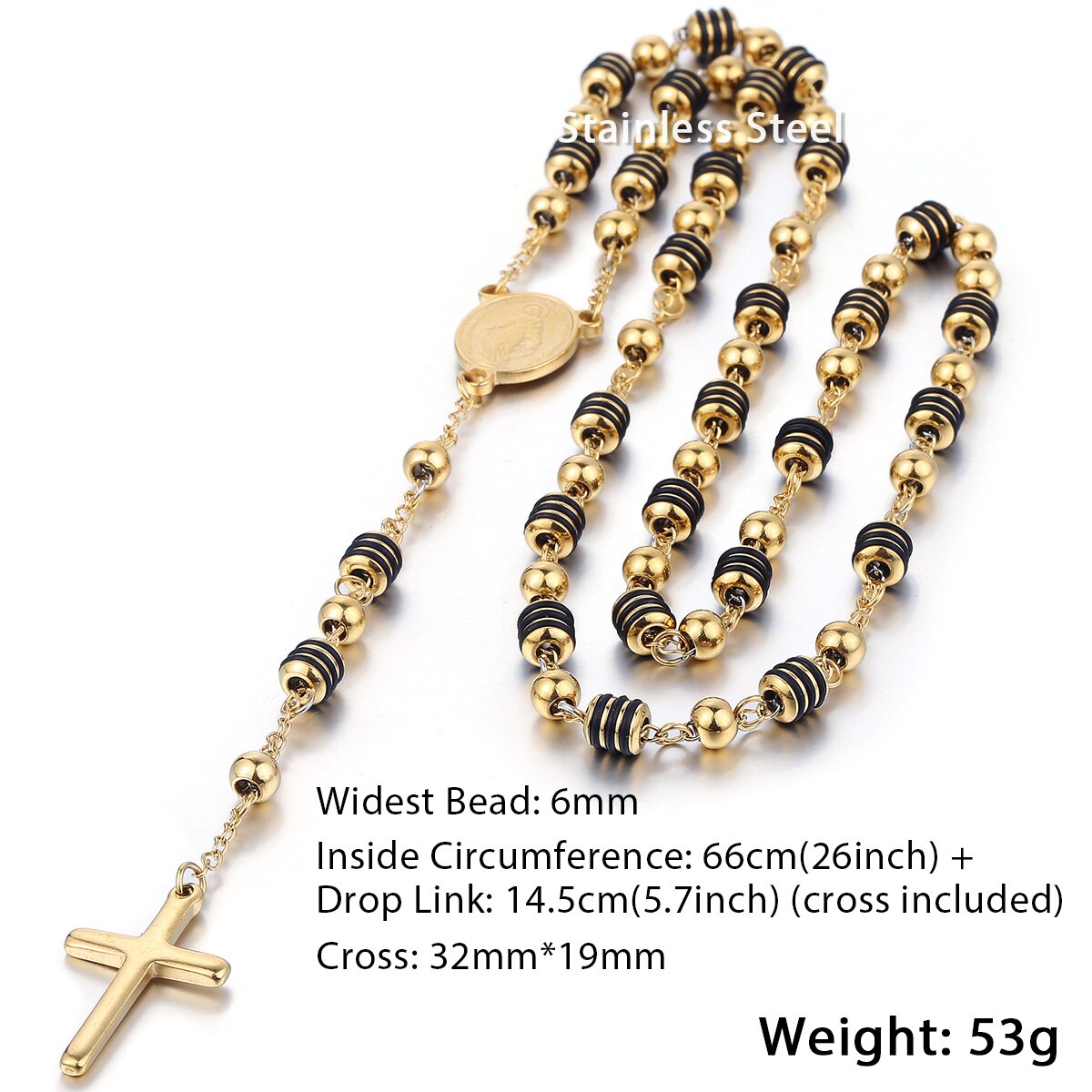 6mm Rosary Jesus Christ Cross Pendant Necklace Gold Black Tone Stainless Steel Bead Long Chain Women Men Fashion Jewelry KN434