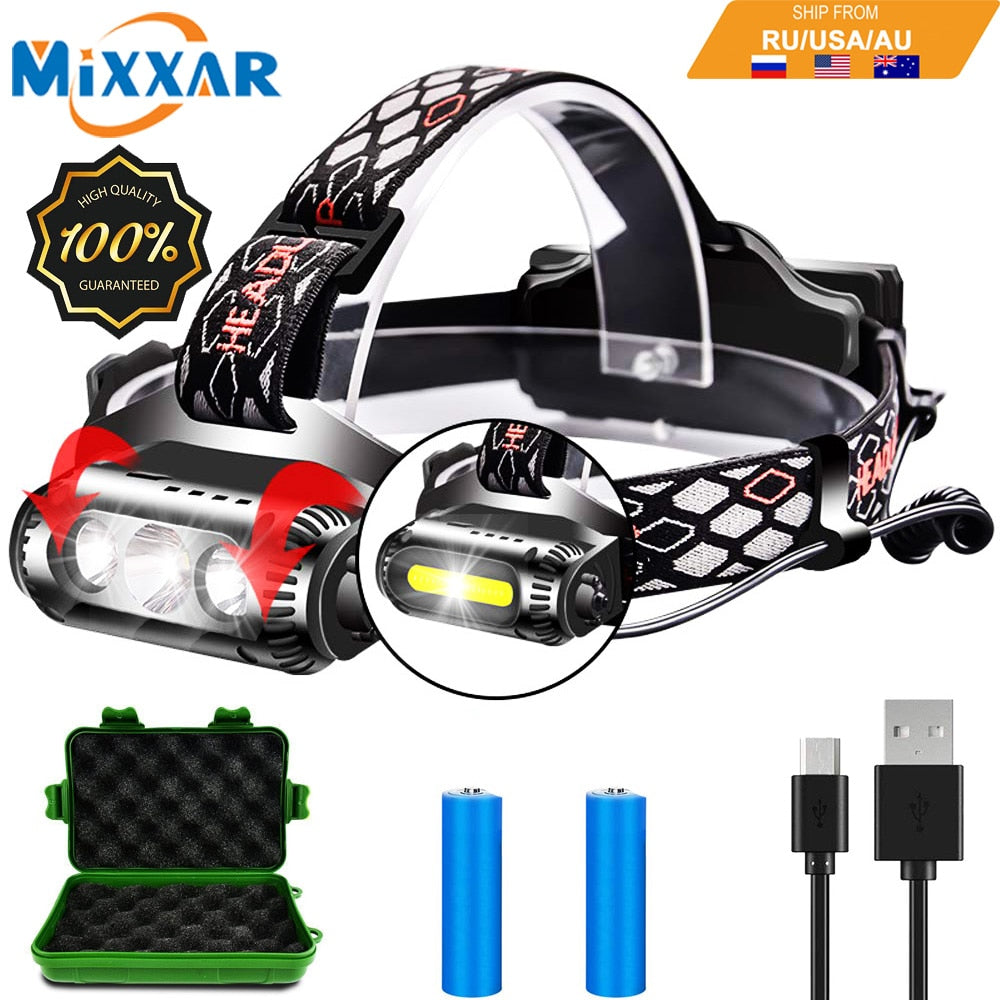 EZK20 T6 XPE LED Headlamp 2 Sides Rotating 3 Light Source 8 Modes Multi-Function USB COB Headlight