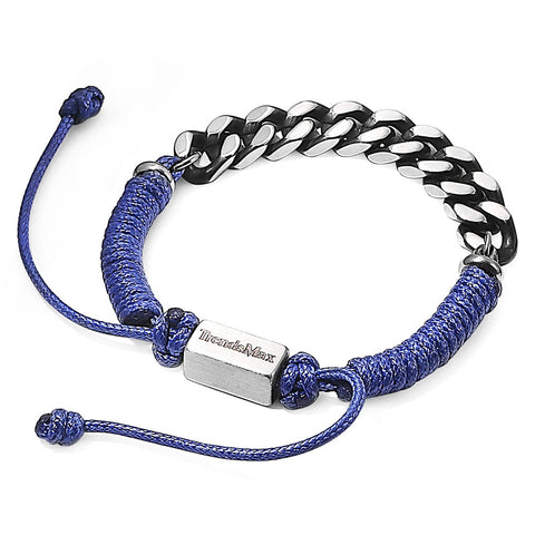 Image of Cuban Link Chain Braided Leather Bracelet For Mens Boys Handmade Stainless Steel Curb Blue Surfer Adjustable TBL00102