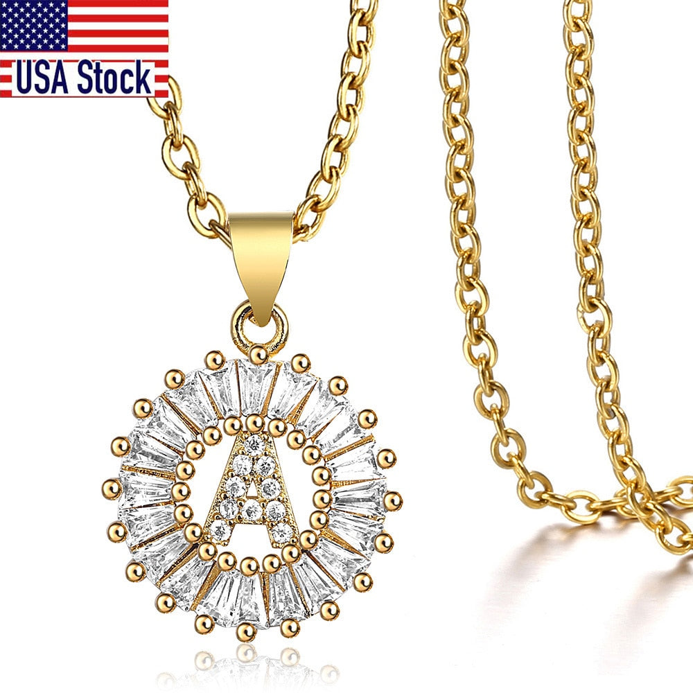 Cute CZ Initial Letter Pendant Necklace For Women Girls Stainless Steel Rolo Chain Rhinestone Gold Name Charms Jewelry GP399C