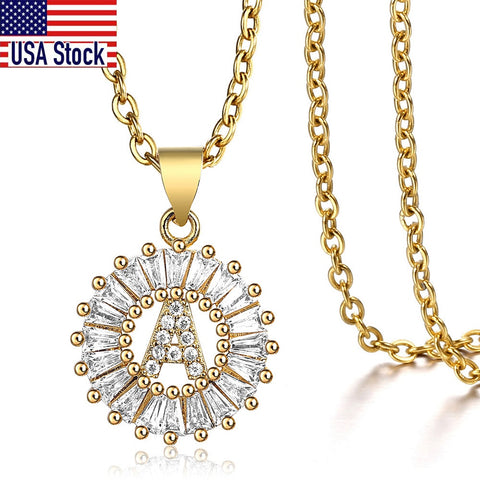 Image of Cute CZ Initial Letter Pendant Necklace For Women Girls Stainless Steel Rolo Chain Rhinestone Gold Name Charms Jewelry GP399C