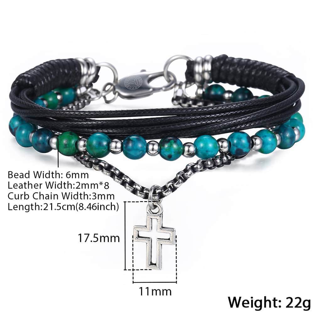 Trendsmax Natural Tiger Eye Stone Beaded Bracelet for men boy women Stainless Steel Cross Charm Leather Bracelet Jewelry KDLB71