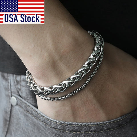 Image of Unique Men's Bracelet Double Chain Bracelet Stainless Steel Wheat Box Chain Link Bracelets Male Jewelry Dropshipping DB75