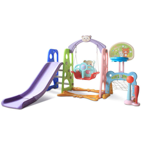 Image of 6 In 1 Kids Indoor And Outdoor Slide Swing And Basketball Football Baseball Set