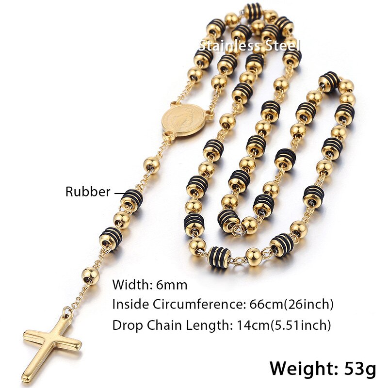 6mm Rosary Jesus Christ Cross Pendant Necklace Gold Black Tone Stainless Steel Bead Long Chain Women Men Fashion Jewelry KN434