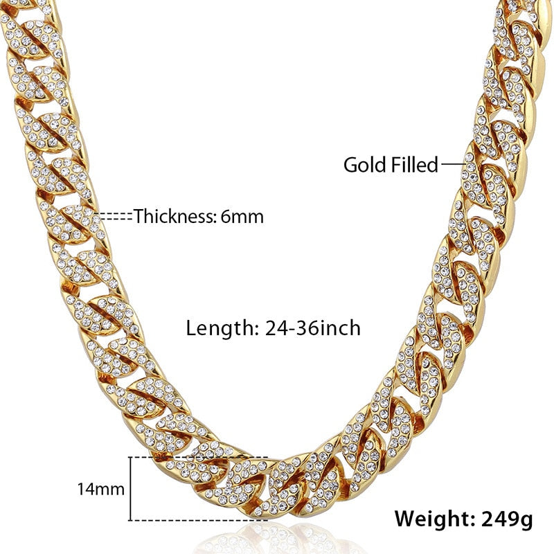 Hiphop 14mm Iced Out Paved Rhinestones Necklack Yellow Gold Filled Miami Curb Cuban Chain CZ Rapper For Men Jewelry GN432