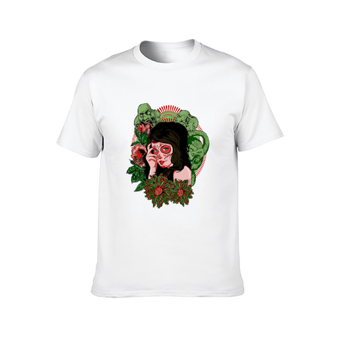 Image of Scary Lady Front and Back Print T-Shirt, Adult Cotton Short Sleeve Tee