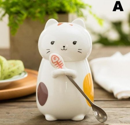 Large Kitty Cat Ceramic Mug With Spoon - Alexecom.com