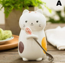 Large Kitty Cat Ceramic Mug With Spoon - Alexecom.com