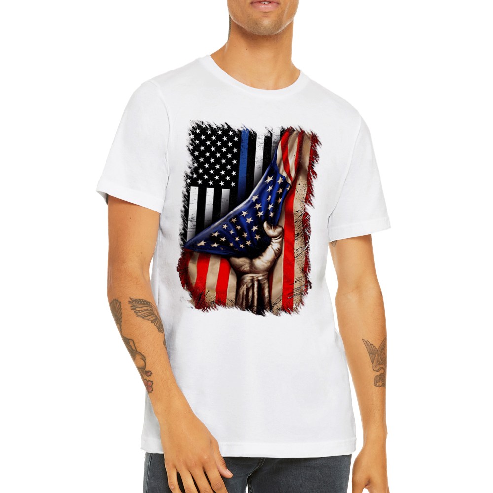 Premium Unisex Crewneck T-shirt Tin Blue line flag in American flag