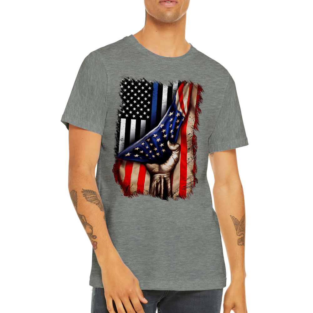 Premium Unisex Crewneck T-shirt Tin Blue line flag in American flag