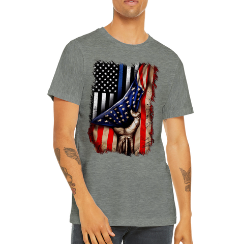 Image of Premium Unisex Crewneck T-shirt Tin Blue line flag in American flag