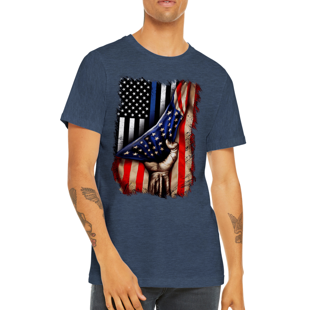 Premium Unisex Crewneck T-shirt Tin Blue line flag in American flag