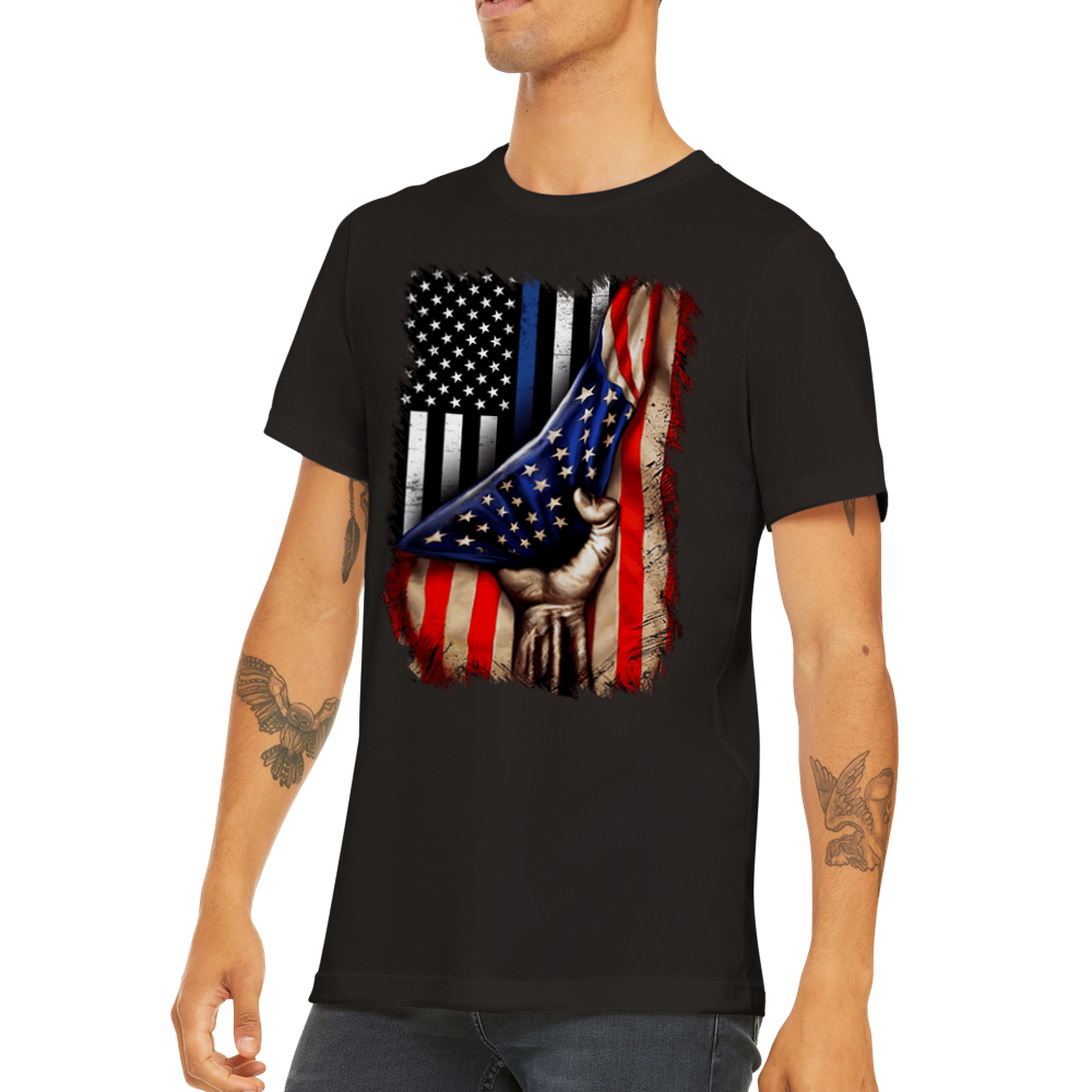 Premium Unisex Crewneck T-shirt Tin Blue line flag in American flag