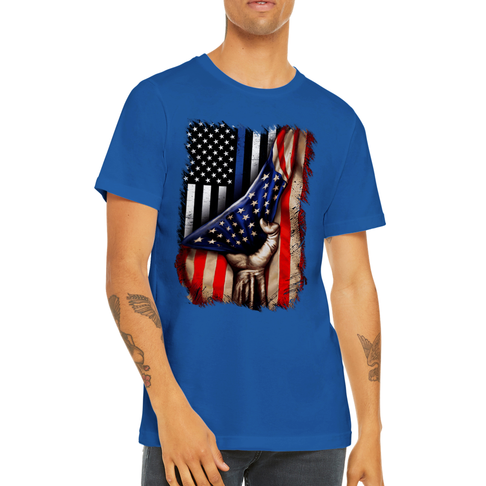 Premium Unisex Crewneck T-shirt Tin Blue line flag in American flag
