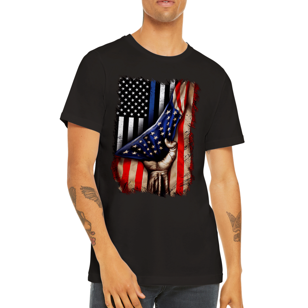 Premium Unisex Crewneck T-shirt Tin Blue line flag in American flag