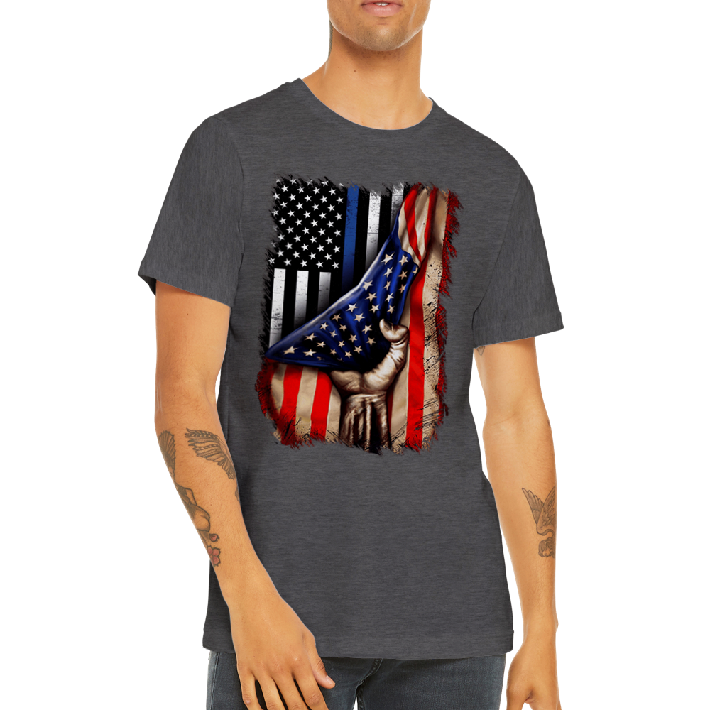 Premium Unisex Crewneck T-shirt Tin Blue line flag in American flag