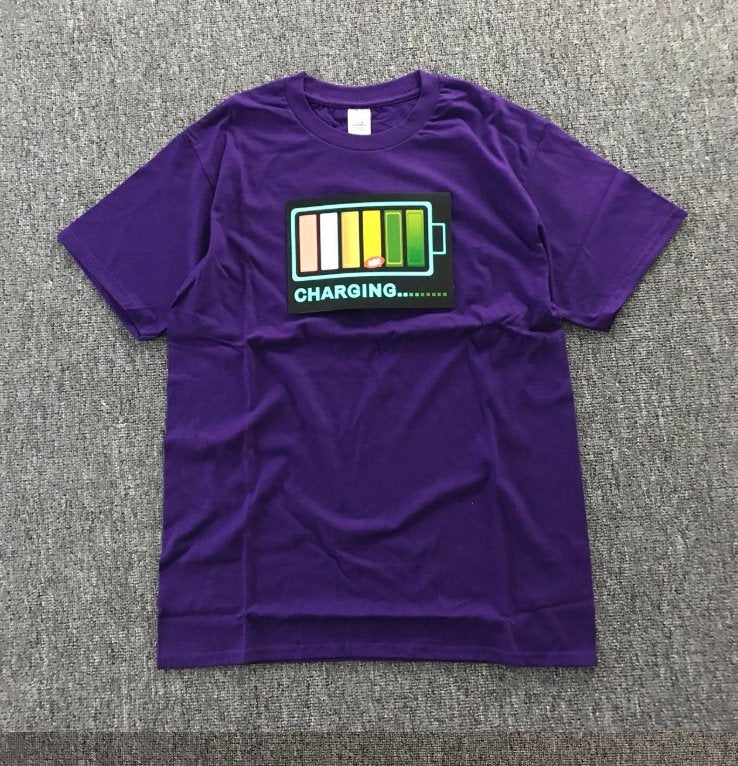Vibrating sound with the battery led voice control music luminous electric di T-shirt men and women couples luminous clothes cotton short sleeve - Alexecom.com