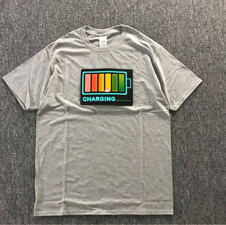 Vibrating sound with the battery led voice control music luminous electric di T-shirt men and women couples luminous clothes cotton short sleeve - Alexecom.com