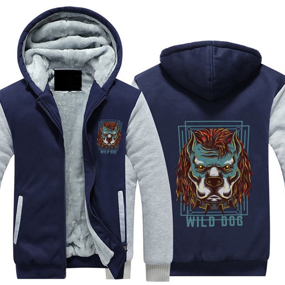 Wild dog Design Hoodie Full Zip Warm and Thick Plush Sweater for Men Front and Back Print - Alexecom.com