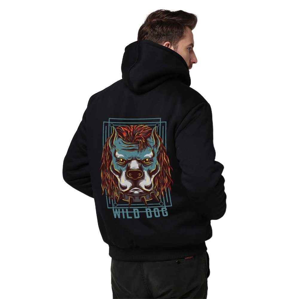 Wild dog Design Hoodie Full Zip Warm and Thick Plush Sweater for Men Front and Back Print - Alexecom.com