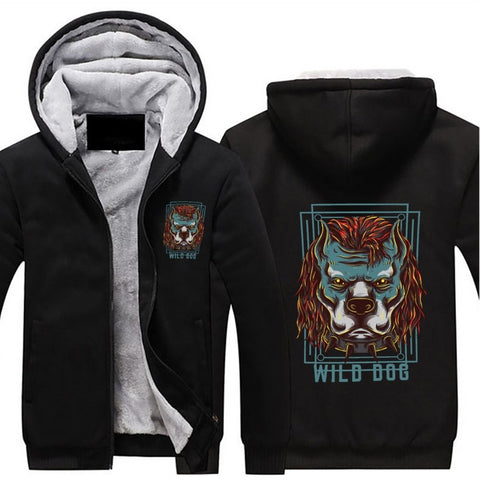Image of Wild dog Design Hoodie Full Zip Warm and Thick Plush Sweater for Men Front and Back Print - Alexecom.com